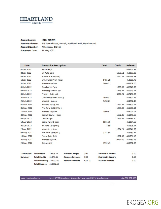 Relevé bancaire de Heartland en Nouvelle Zélande